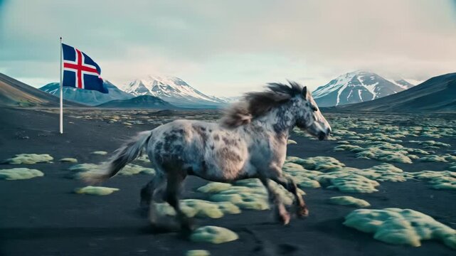 Icelandic horse carrying national flag gallops across volcanic landscape. Dynamic run in black sand field with snowy mountains. Symbol of icelandic heritage and identity.