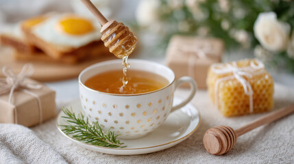 Relaxed christmas morning tea with honey and gift exchange