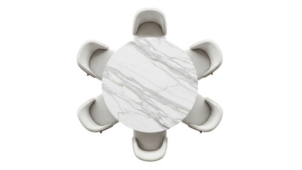 Top view composition of a round marble dining table with matching upholstered dining chairs isolated on white background