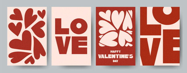 Set of modern Valentine posters with bold heart shapes and large LOVE typography in warm tones. Perfect for prints, cards, decor, and romantic graphic layouts