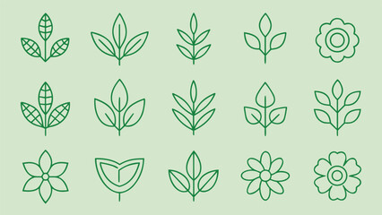 Collection of green line art plant icons. minimalist botanical symbols featuring various leaf shapes and flowers
