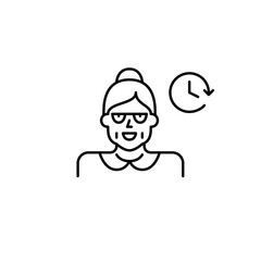 Obraz premium Older woman and clock. Daily routine, timeless tracking and work schedules. Pixel perfect, editable stroke vector icon