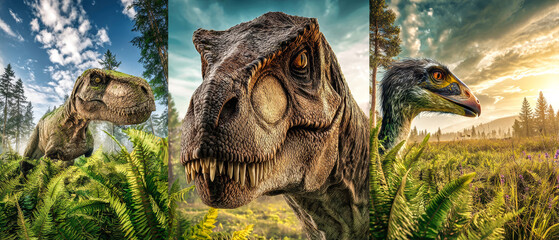 Obraz premium Tyrannosaurus rex grazes in ferns, Allosaurus wanders through an open field, and Troodon grazes on plains surrounded by trees under blue sky