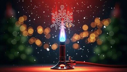 Bunsen burner melting snowflake ornament. Science experiment to demonstrate phase change. Chemistry concept for education during Christmas.