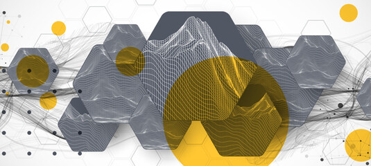 Abstract composition with wireframe hexagons, dots, and lines. Vector