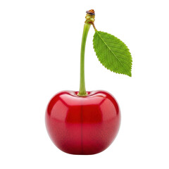 Single red cherry with stem and leaf isolated subject