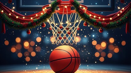 Basketball hoop with festive garland and hanging ornament. Christmas holiday background with garland and basketball. Winter sports celebration concept.