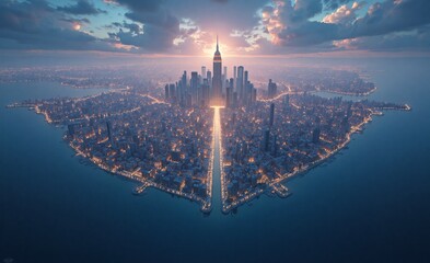 Fototapeta premium An incredible aerial view of a sprawling city at sunrise, with a prominent central skyscraper catching the golden light, surrounded by water.