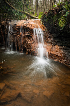 A small sandstone woodland waterfall running through woodland near Battle on the high weald east Sussex south east England UK