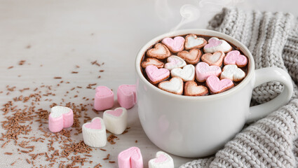 Cup of hot chocolate with heart-shaped marshmallows on white table, cozy knitted blanket nearby. Warm winter drink. Sweet concept.