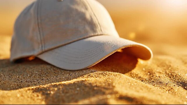 Close up of beige baseball cap resting on golden sand dunes with wind blowing dust particles during sunset