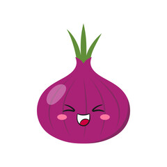 Cute red onion, fun cartoon character, vegetable, big eyes, happy smiling face, emotions joy delight, kawaii style, icon vector illustration.