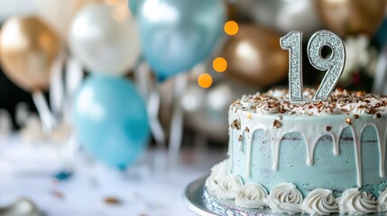 Celebratory 19th birthday cake with glitter candles and festive balloons for party decoration