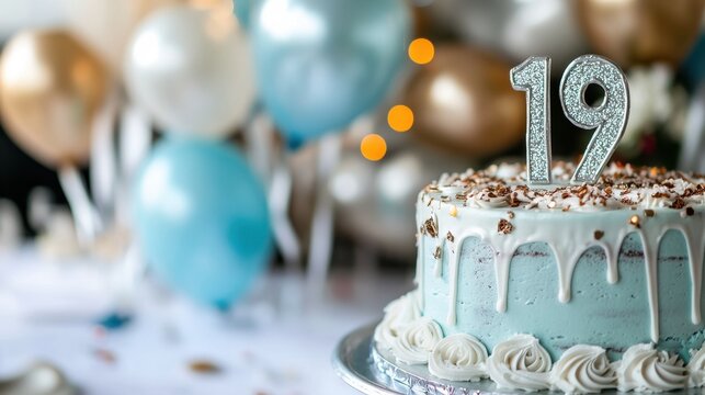 Celebratory 19th birthday cake with glitter candles and festive balloons for party decoration
