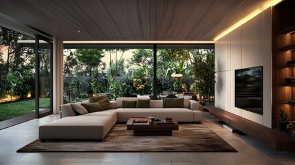 Modern luxury living room with garden view and contemporary decor