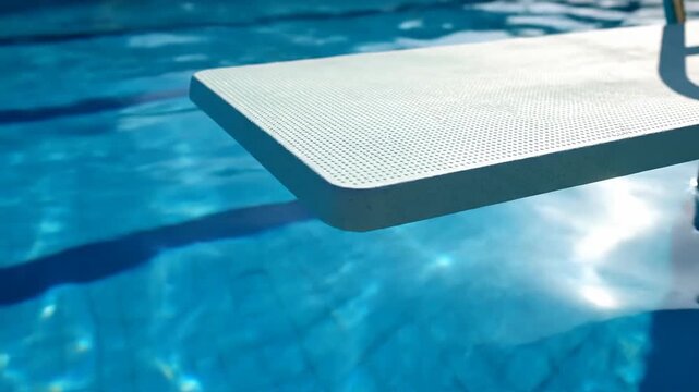 Close up of a clean blue swimming pool with a white diving board edge and sunlight reflections on