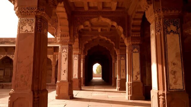a gimbal stabilized clip walking west in buland darwaza gate at fatehpur sikri near agra, india
