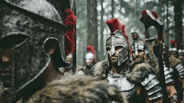 Men in ancient armor with red plumed helmets assemble in misty forest. Legionaries holding spears and axes prepare for battle. Epic warrior march through woods for historical reenactment