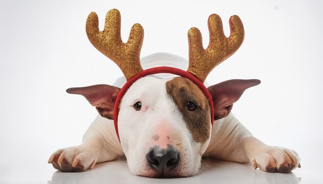 bull terrier with antlers headban on white background; resting - Powered by Adobe