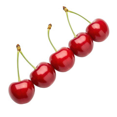 Five sweet red cherries in a row, background removal isolated subject