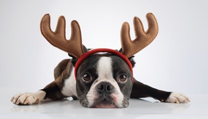 boston terrier with antlers headban on white background; resting