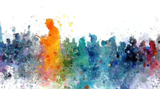Colorful watercolor silhouette of people in abstract artistic composition International Mummer's Parade