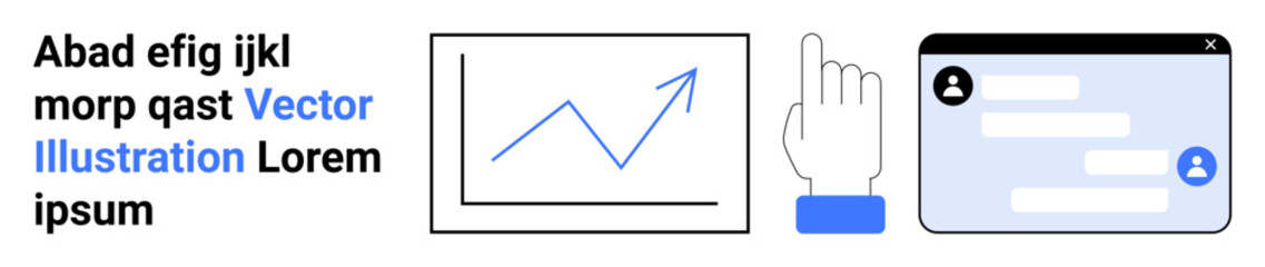 Obraz premium Data analytics, online communication, user interface, business presentation, digital marketing, technology tools. A chart, a hand icon and a messaging platform interface. Data analytics and online