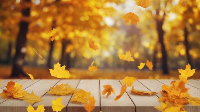Autumn leaves falling onto a rustic wooden table in a vibrant fall forest background.