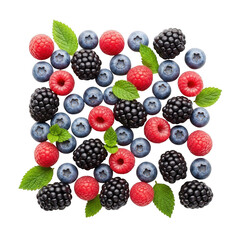 Fresh mixed berries and mint leaves, background removal transparency