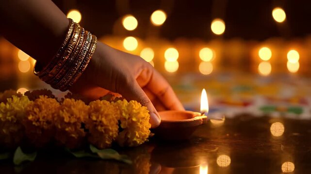 Bokeh shot of Indian female's hands decorating burning Diyas - Diwali decoration. Beautiful hands of a traditional woman with mehndi and bangles putting glowing oil lamps around flower garlands
