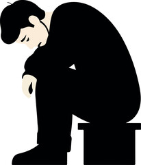 Sad Man Sitting Alone In Dark Black Clothes Minimalist Flat Illustration