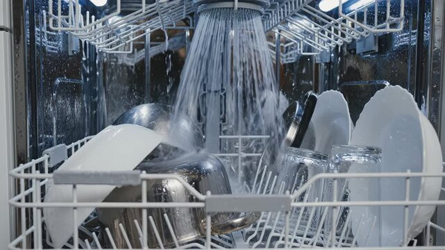 Dishwasher cleaning dishes with water spray
