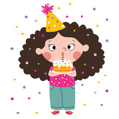 A cute girl wearing a birthday hat blows out the candles on a cake surrounded by confetti. A flat vector illustration in a simple children's style on a white background. Vector illustration