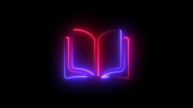 Neon open book icon with glowing light effect, education and knowledge symbol for digital learning, library and modern technology background.