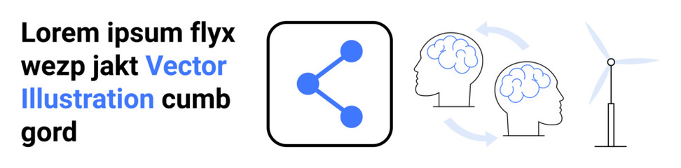 Renewable energy, knowledge sharing, technology, environment, education, sustainability. Blue network icon, brain outlines wind turbine. Renewable energy and knowledge sharing concept