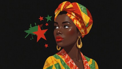 Afro woman in colorful headwrap with pan-African stars. Black woman portrait in vibrant Ankara fabric on black background. Stylish African woman with gold earrings and abstract stars.