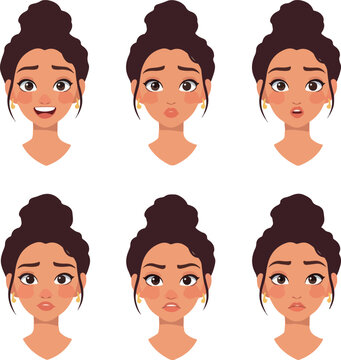 Six Different Cartoon Woman Face Expressions Vector Flat Illustration