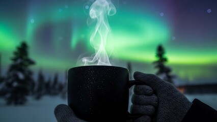 Steaming cup of coffee under aurora.