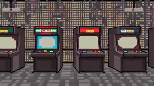 Nostalgic 16-bit Retro Video Game Aesthetic Arcade Room Background Animation Featuring Pixel Art Style