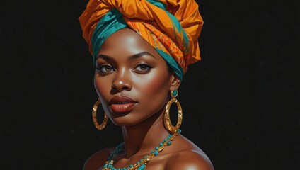 Elegant African woman in orange and teal headwrap. Afro woman with gold jewelry on black background. Stylish black woman wearing colorful turban and beads.