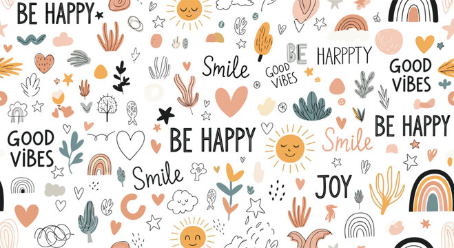Uplifting seamless background pattern filled with hand-drawn elements like suns rainbows plants and positive motivational words in pastels.
