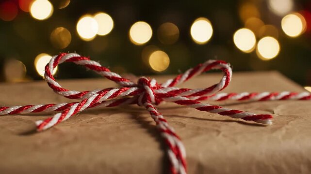 Close-up Festive Present Bow with Blurry Holiday Lights Background