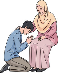 Obraz premium Illustration of Muslim Son Asking Forgiveness From Mother
