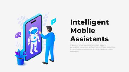 Intelligent Mobile Assistants Concept with AI Robot and Smartphone, Virtual Assistant and Automation Technology Illustration for Presentation Template