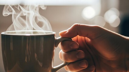Steaming hot coffee in hand closeup.