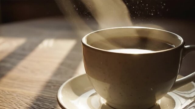 Steaming Cup of Hot Coffee in Morning Sunlight on Wooden Table - Powered by Adobe