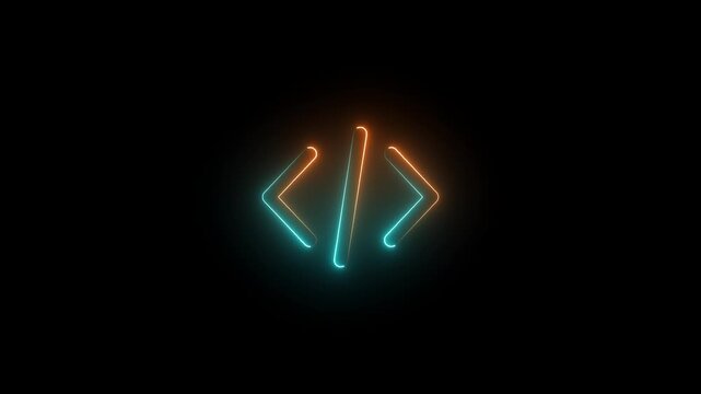 Neon coding icon animation with glowing light effect, programming and software development symbol for digital interface and technology design.