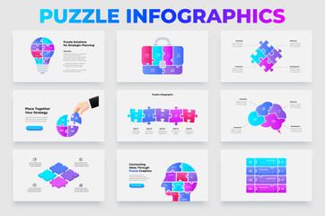 Puzzle Infographic Set with Light Bulb, Brain, Briefcase, Process Blocks and Strategy Diagrams for Business Presentation Template