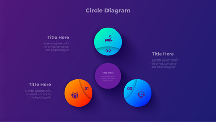 3 Steps Circle Diagram Presentation Template with Three Step Process Options on Dark Background Vector