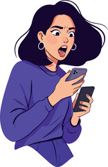 Surprised Woman With Dark Hair Holding Two Phones With Open Mouth